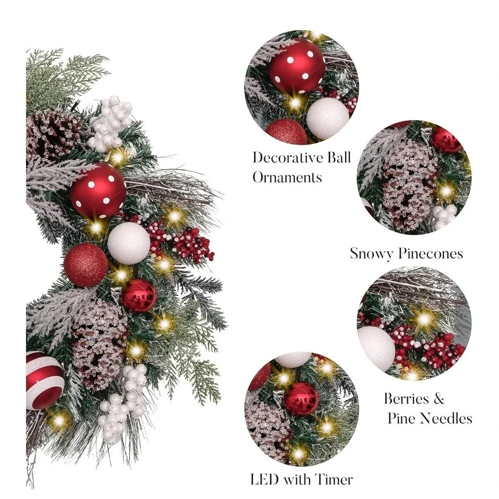 Valery Madelyn 24'' Pre-Lit Christmas Wreath for Front Door w‎ Light Candy Cane